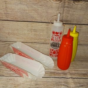 Vintage Style Plastic Hot Dog Boats/Holders, Condiment Squeeze Bottles, Unused